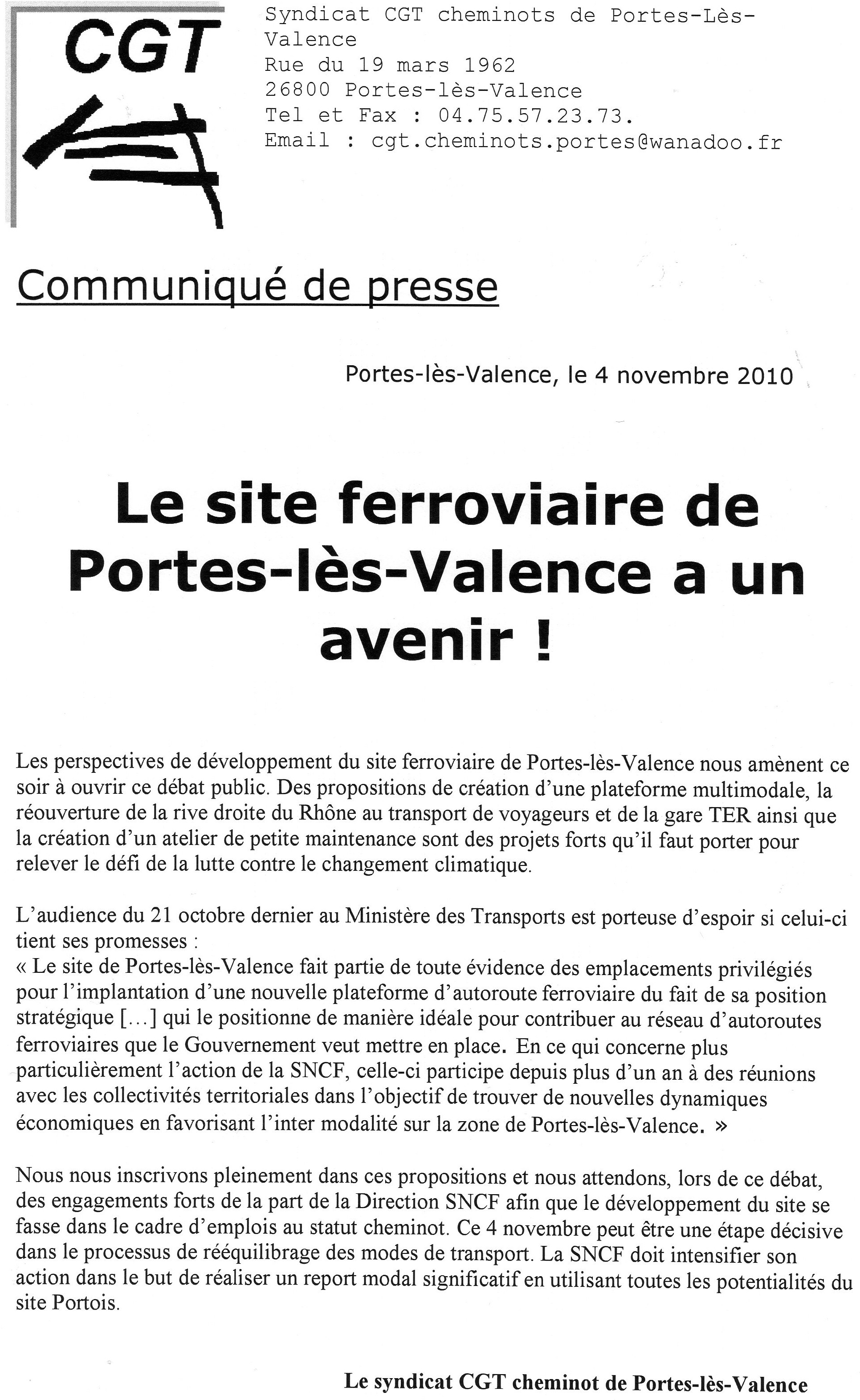 Communiqué de presse sur l'avenir du site portois, par le syndicat CGT cheminots